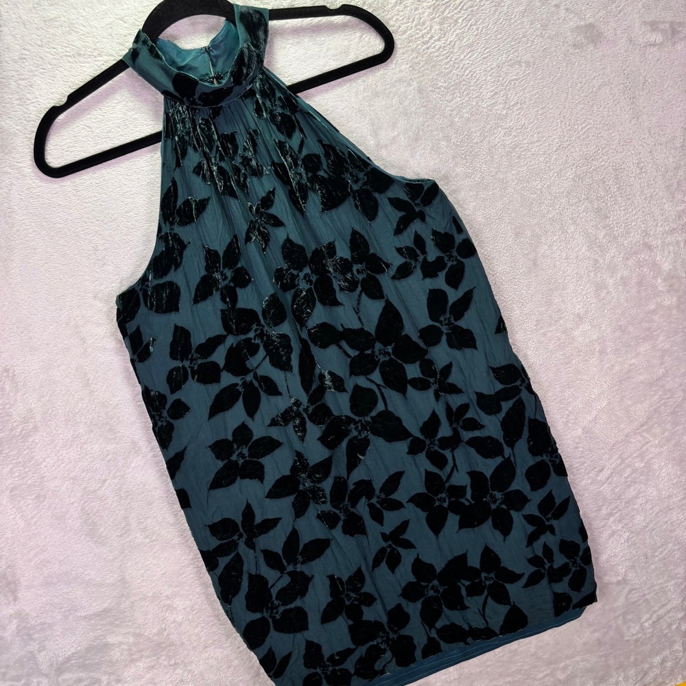 Trina Turk Womens Dress Medium Green Silk Burnout Velvet Floral Halter Party